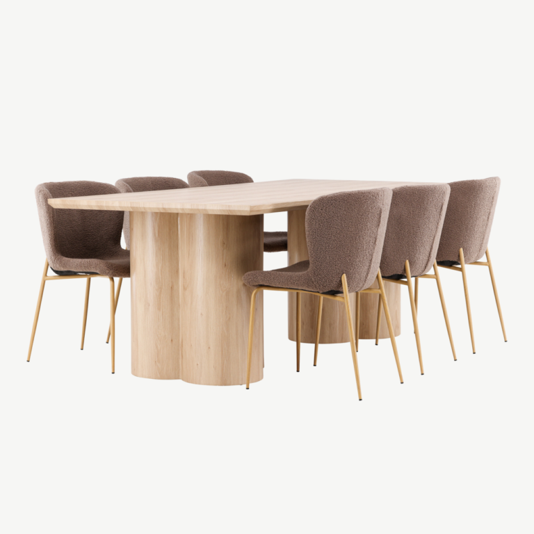 Söögilauakomplekt Olivia laud ja Modesto pruunid toolid (MDF, buklee kangas, 210x100 cm) - GR24542