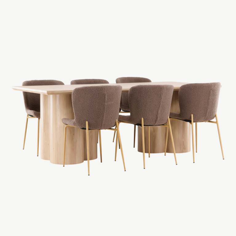 Söögilauakomplekt Olivia laud ja Modesto pruunid toolid (MDF, buklee kangas, 210x100 cm) - GR24542
