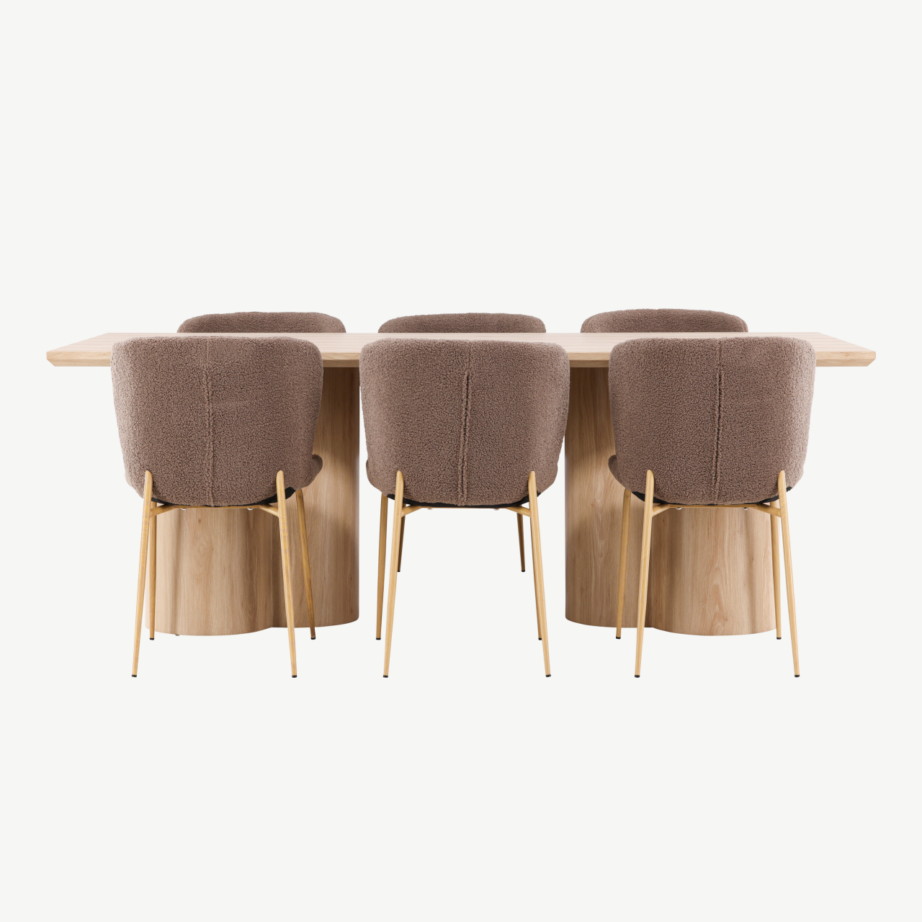 Söögilauakomplekt Olivia laud ja Modesto pruunid toolid (MDF, buklee kangas, 210×100 cm), GR24542 – 5