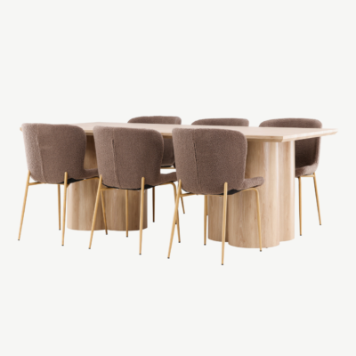 Söögilauakomplekt Olivia laud ja Modesto pruunid toolid (MDF, buklee kangas, 210x100 cm) - GR24542
