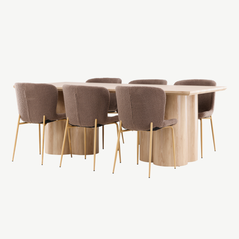 Söögilauakomplekt Olivia laud ja Modesto pruunid toolid (MDF, buklee kangas, 210x100 cm) - GR24542