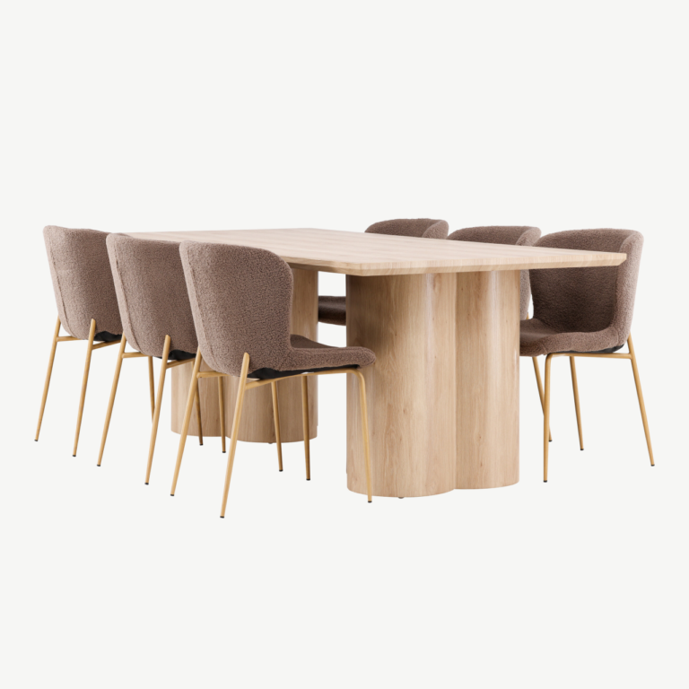 Söögilauakomplekt Olivia laud ja Modesto pruunid toolid (MDF, buklee kangas, 210x100 cm) - GR24542