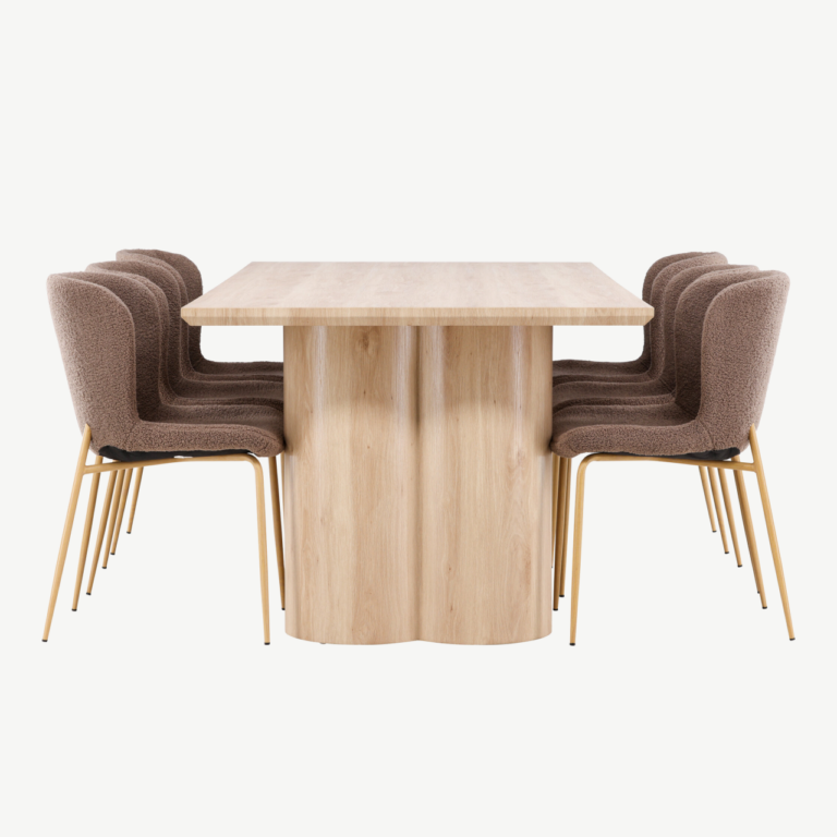 Söögilauakomplekt Olivia laud ja Modesto pruunid toolid (MDF, buklee kangas, 210x100 cm) - GR24542