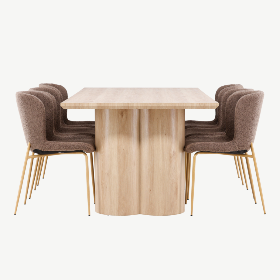 Söögilauakomplekt Olivia laud ja Modesto pruunid toolid (MDF, buklee kangas, 210×100 cm), GR24542 – 7