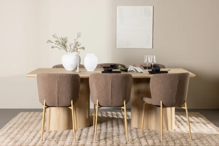 Söögilauakomplekt Olivia laud ja Modesto pruunid toolid (MDF, buklee kangas, 210x100 cm) - GR24542