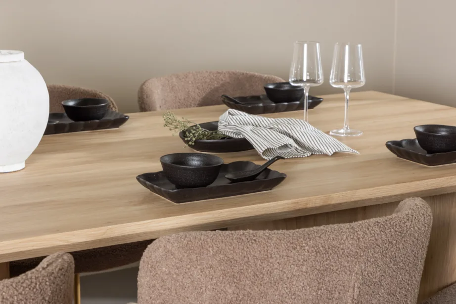 Söögilauakomplekt Olivia laud ja Modesto pruunid toolid (MDF, buklee kangas, 210×100 cm), GR24542 – 10