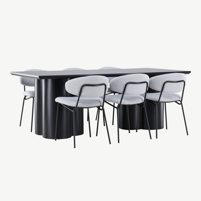 Söögilauakomplekt Olivia (must MDF laud, 6 helesinist buklee tooli Chico) - GR24592