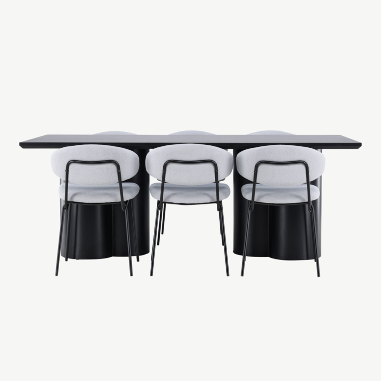 Söögilauakomplekt Olivia (must MDF laud, 6 helesinist buklee tooli Chico) - GR24592