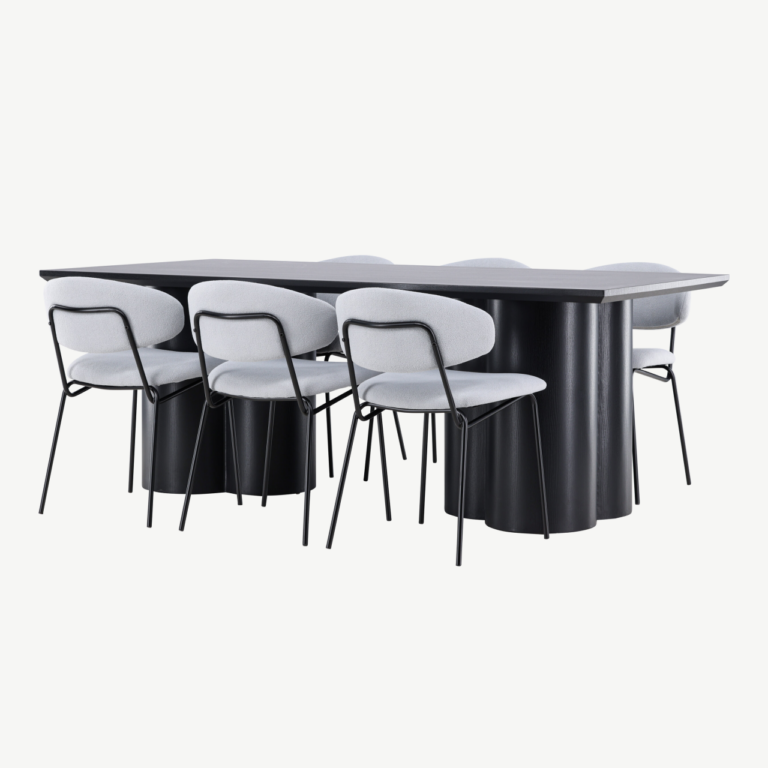Söögilauakomplekt Olivia (must MDF laud, 6 helesinist buklee tooli Chico) - GR24592