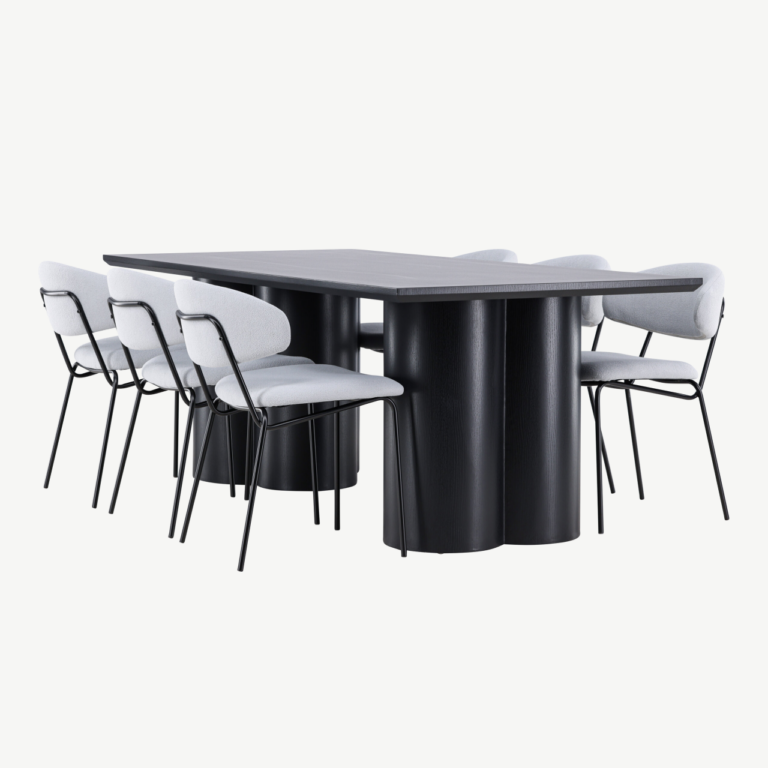 Söögilauakomplekt Olivia (must MDF laud, 6 helesinist buklee tooli Chico) - GR24592