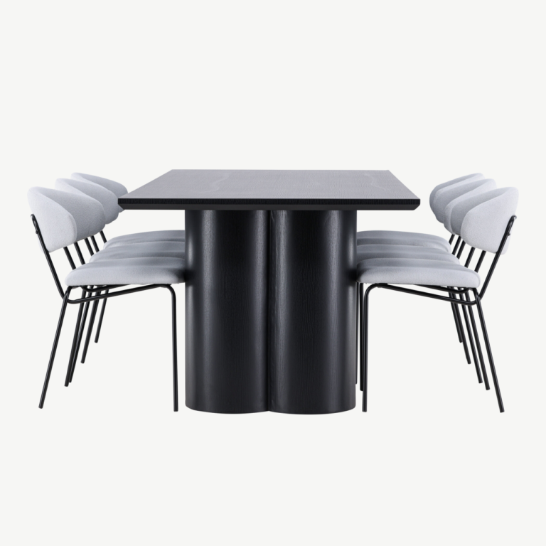Söögilauakomplekt Olivia (must MDF laud, 6 helesinist buklee tooli Chico) - GR24592