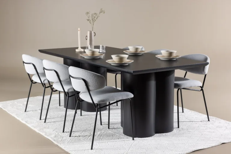 Söögilauakomplekt Olivia (must MDF laud, 6 helesinist buklee tooli Chico) - GR24592