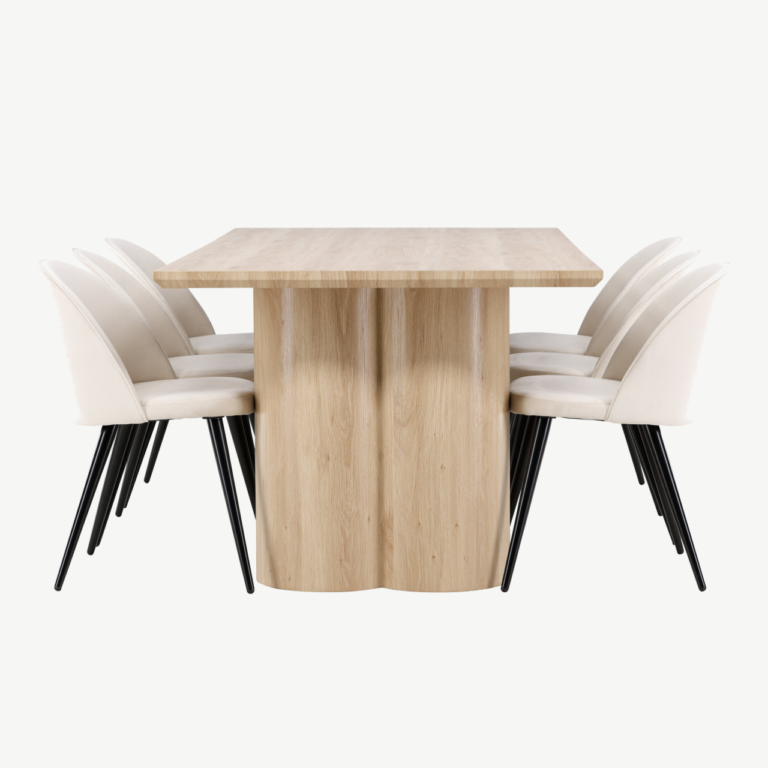 Söögilauakomplekt Olivia (valge peitsiga laud, velvetist toolid, 6 kohta) - GR24551