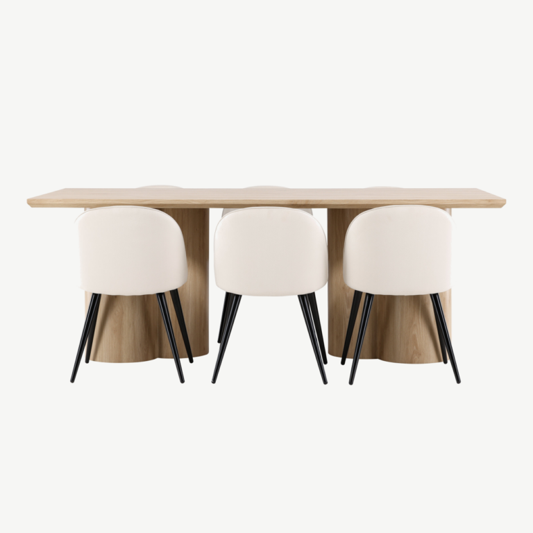 Söögilauakomplekt Olivia (valge peitsiga laud, velvetist toolid, 6 kohta) - GR24551