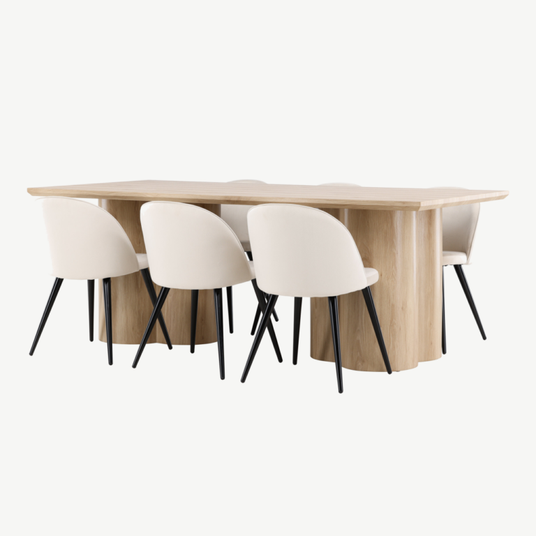 Söögilauakomplekt Olivia (valge peitsiga laud, velvetist toolid, 6 kohta) - GR24551
