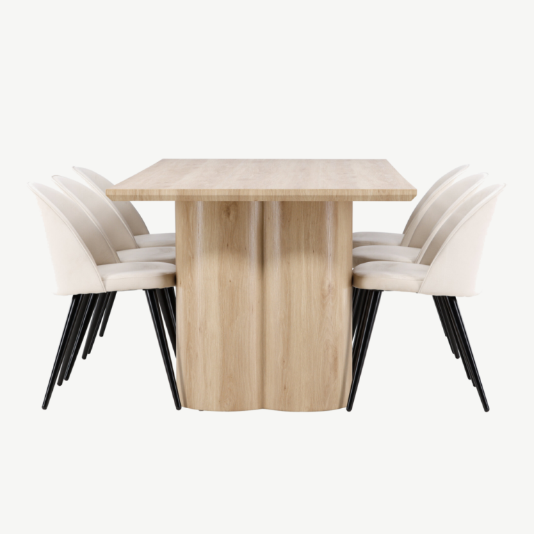 Söögilauakomplekt Olivia (valge peitsiga laud, velvetist toolid, 6 kohta) - GR24551