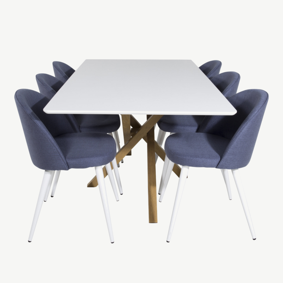 Söögilauakomplekt Piazza – valge MDF laud ja sinised velvetkangast toolid (6 tk), GR24240 – 2