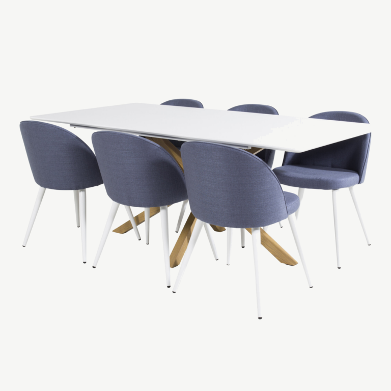 Söögilauakomplekt Piazza – valge MDF laud ja sinised velvetkangast toolid (6 tk) - GR24240