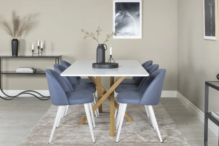 Söögilauakomplekt Piazza – valge MDF laud ja sinised velvetkangast toolid (6 tk) - GR24240