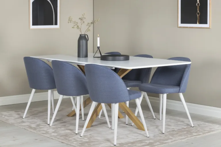 Söögilauakomplekt Piazza – valge MDF laud ja sinised velvetkangast toolid (6 tk) - GR24240
