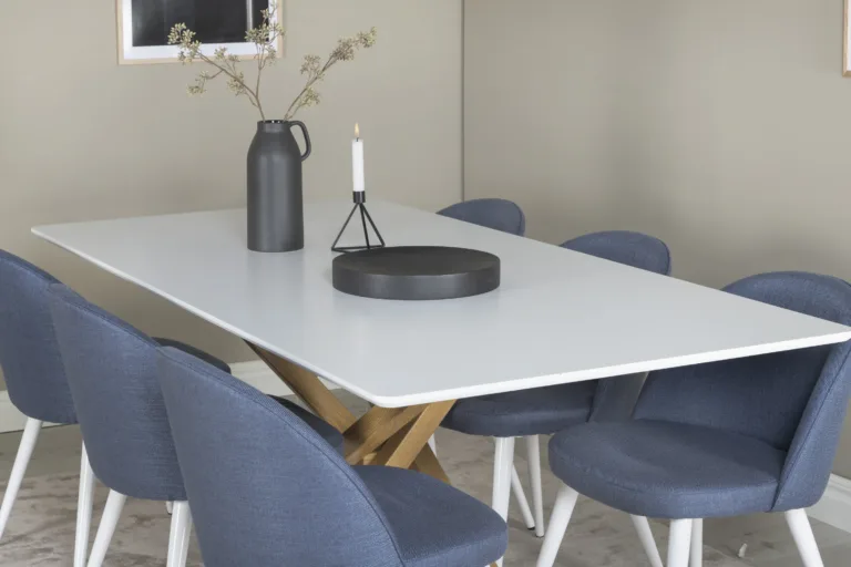 Söögilauakomplekt Piazza – valge MDF laud ja sinised velvetkangast toolid (6 tk) - GR24240