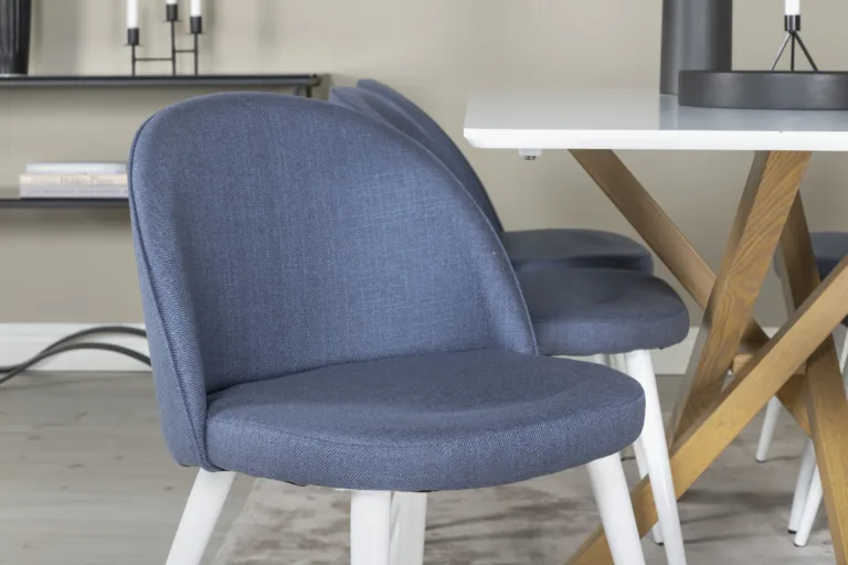 Söögilauakomplekt Piazza – valge MDF laud ja sinised velvetkangast toolid (6 tk) - GR24240