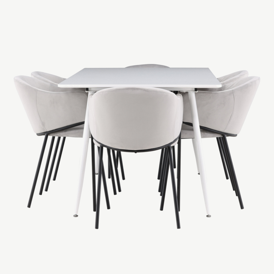 Söögilauakomplekt Silar lauaga ja hallide Evelina samettoolidega (6 kohta, valge MDF, must terasraam), GR24500 – 2