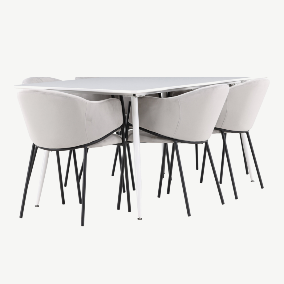 Söögilauakomplekt Silar lauaga ja hallide Evelina samettoolidega (6 kohta, valge MDF, must terasraam), GR24500 – 3