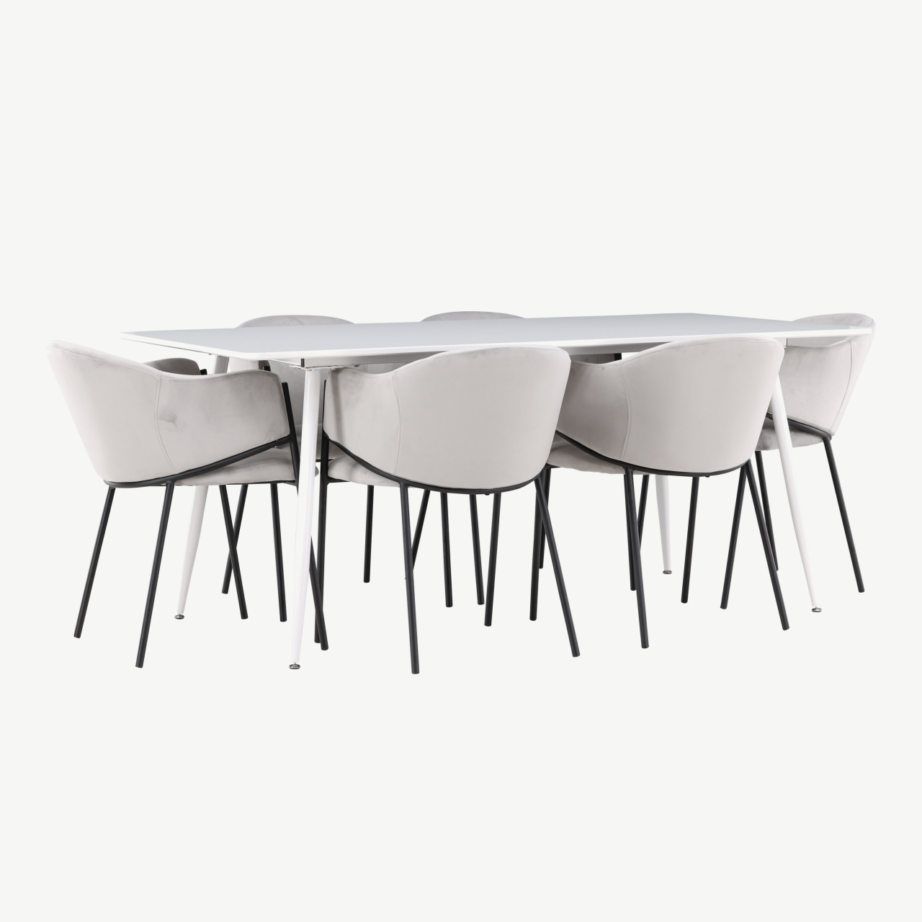 Söögilauakomplekt Silar lauaga ja hallide Evelina samettoolidega (6 kohta, valge MDF, must terasraam), GR24500 – 4