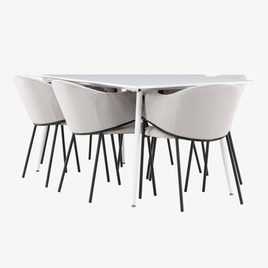 Söögilauakomplekt Silar lauaga ja hallide Evelina samettoolidega (6 kohta, valge MDF, must terasraam), GR24500 – 6