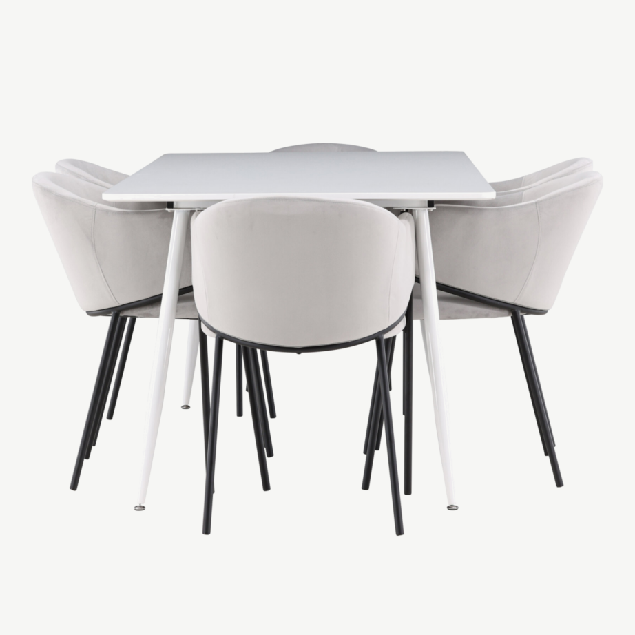 Söögilauakomplekt Silar lauaga ja hallide Evelina samettoolidega (6 kohta, valge MDF, must terasraam), GR24500 – 7