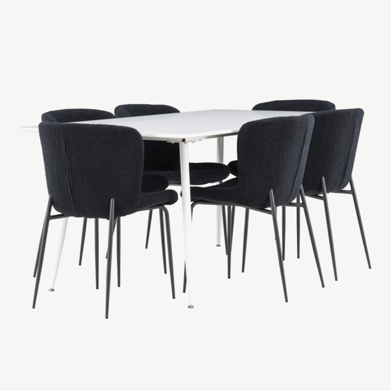 Söögilauakomplekt Silar (valge MDF) ja Modesto toolid (must buklee, terasjalad, 6-le) - GR24495