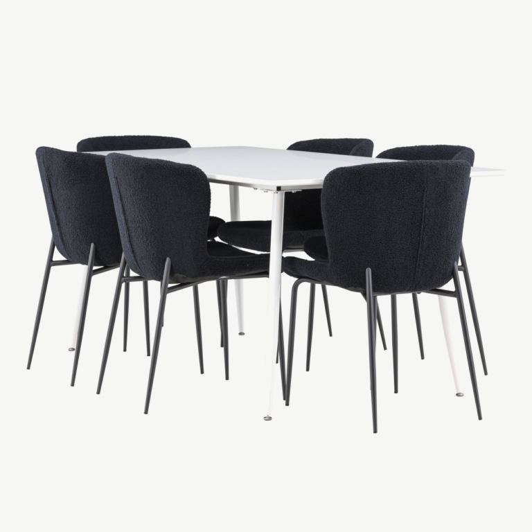 Söögilauakomplekt Silar (valge MDF) ja Modesto toolid (must buklee, terasjalad, 6-le) - GR24495