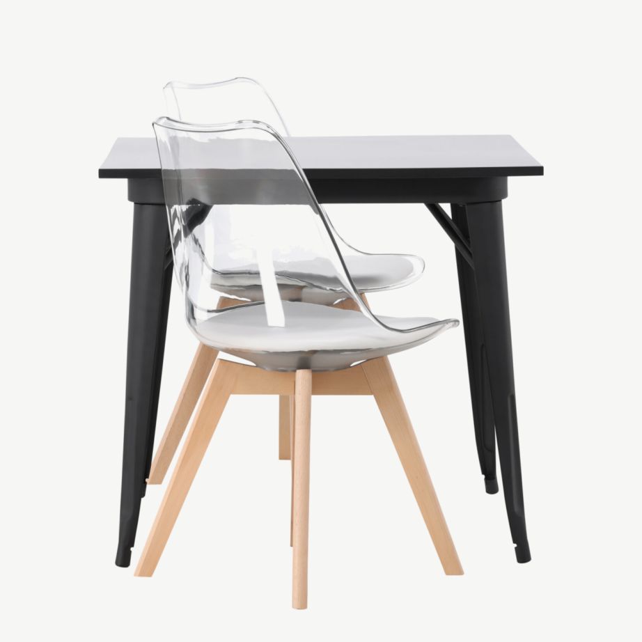 Söögilauakomplekt Tempe musta MDF lauaga ja läbipaistvate Edvin toolidega (valge istmepadi, kasepuu jalad), GR23894 – 2
