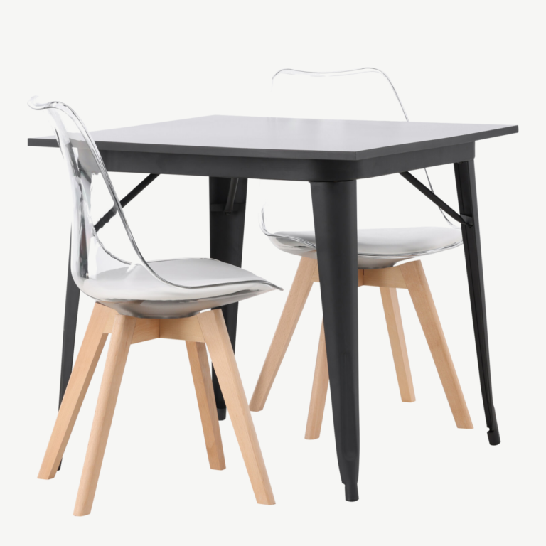 Söögilauakomplekt Tempe musta MDF lauaga ja läbipaistvate Edvin toolidega (valge istmepadi, kasepuu jalad) - GR23894