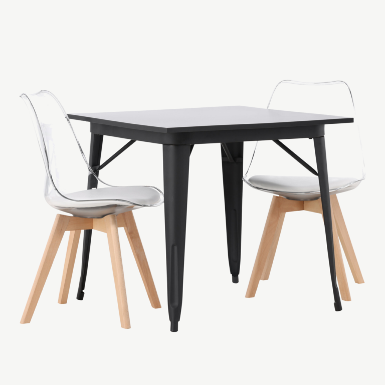 Söögilauakomplekt Tempe musta MDF lauaga ja läbipaistvate Edvin toolidega (valge istmepadi, kasepuu jalad) - GR23894