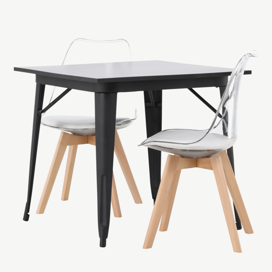 Söögilauakomplekt Tempe musta MDF lauaga ja läbipaistvate Edvin toolidega (valge istmepadi, kasepuu jalad), GR23894 – 6