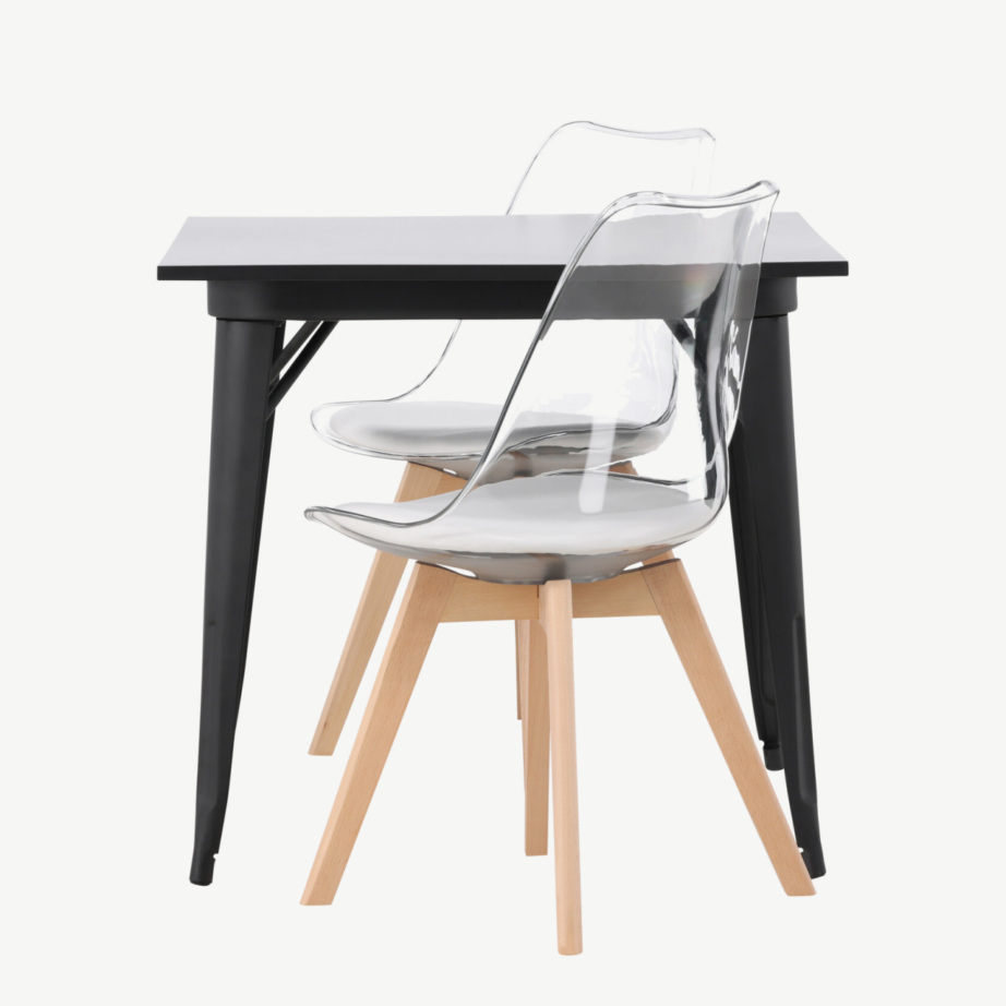 Söögilauakomplekt Tempe musta MDF lauaga ja läbipaistvate Edvin toolidega (valge istmepadi, kasepuu jalad), GR23894 – 7