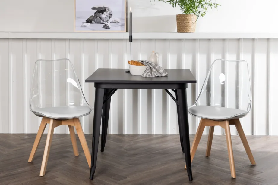Söögilauakomplekt Tempe musta MDF lauaga ja läbipaistvate Edvin toolidega (valge istmepadi, kasepuu jalad), GR23894 – 8