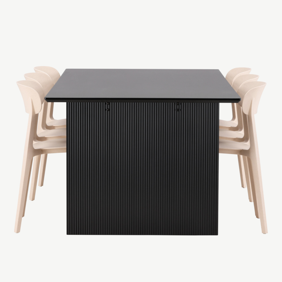Söögilauakomplekt Vail, must MDF laud ja 6 beeži Åstol tooli, GR22979 – 2