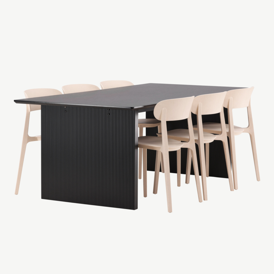Söögilauakomplekt Vail, must MDF laud ja 6 beeži Åstol tooli, GR22979 – 3