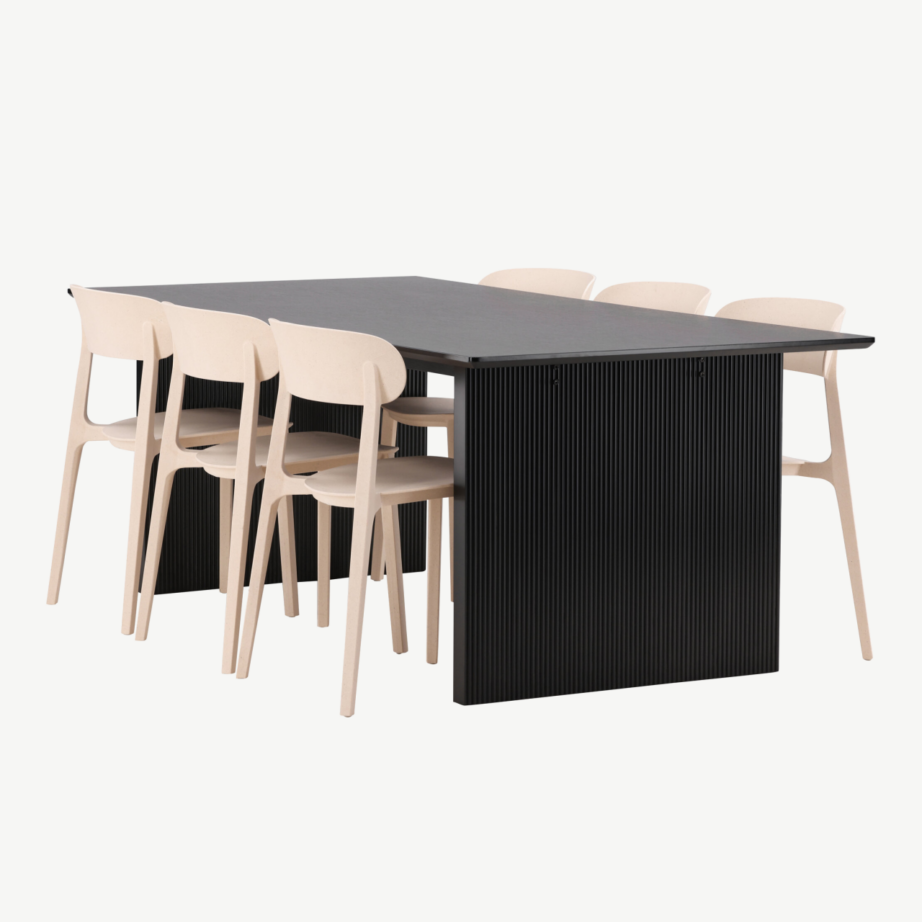Söögilauakomplekt Vail, must MDF laud ja 6 beeži Åstol tooli, GR22979 – 6