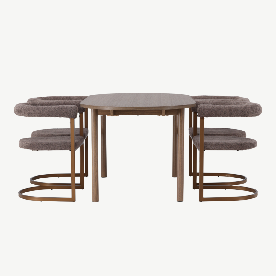 Söögilaud Andy ja neli halli buklee kattega Morning tooli (MDF, terasraam), GR23663 – 3