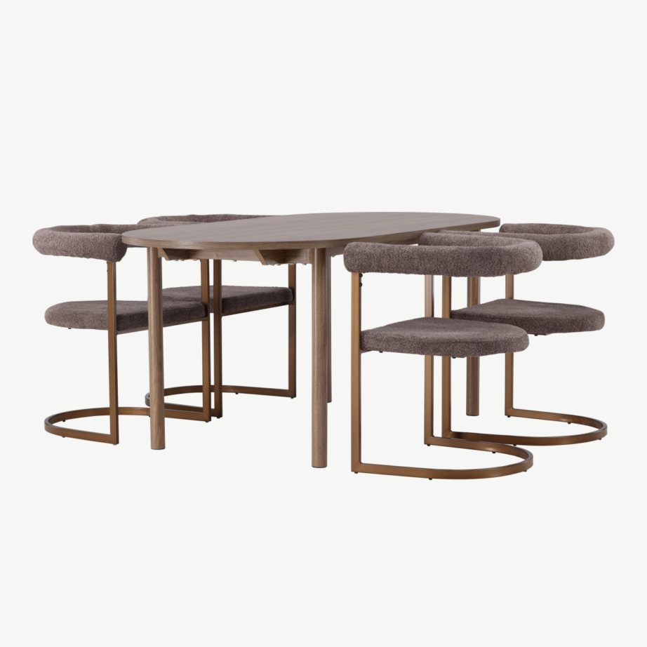 Söögilaud Andy ja neli halli buklee kattega Morning tooli (MDF, terasraam), GR23663