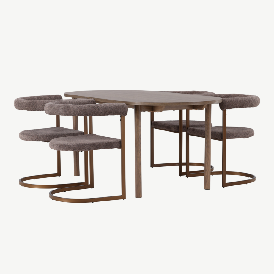 Söögilaud Andy ja neli halli buklee kattega Morning tooli (MDF, terasraam), GR23663 – 4