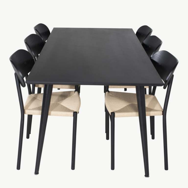 Söögilaud Dipp koos Polly toolidega (must vineer, 180×90 cm, rotangist iste) - GR24030