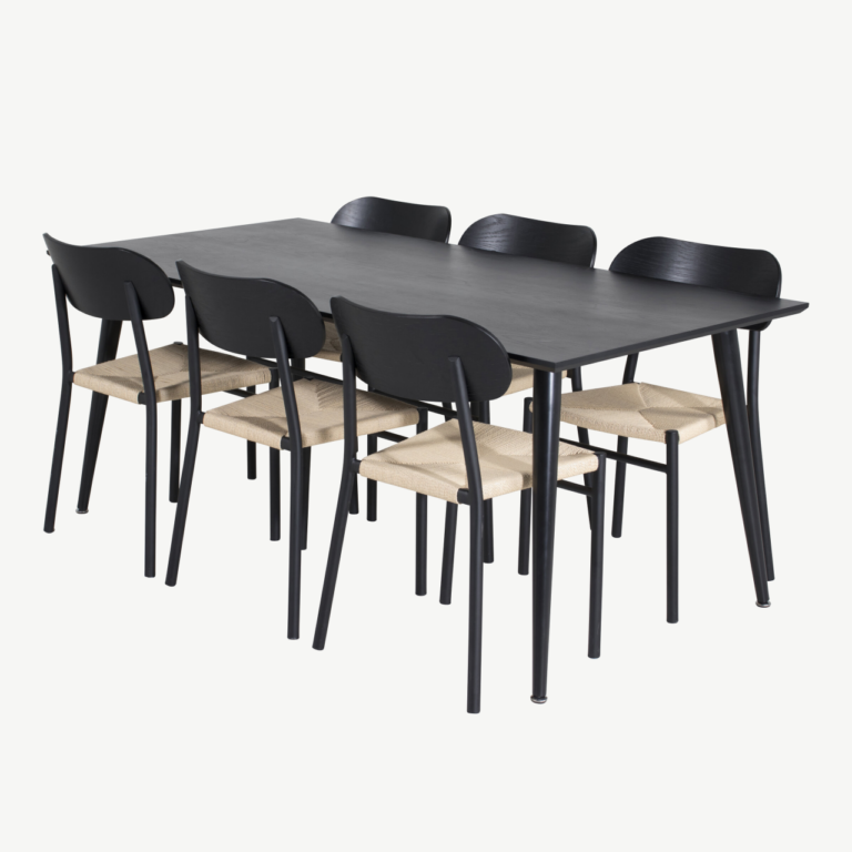 Söögilaud Dipp koos Polly toolidega (must vineer, 180×90 cm, rotangist iste) - GR24030