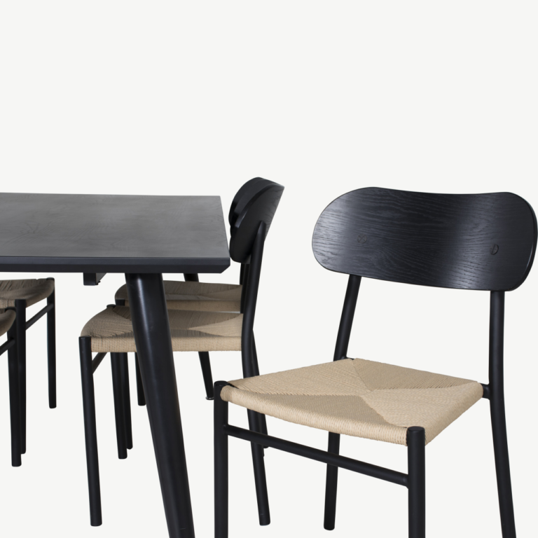 Söögilaud Dipp koos Polly toolidega (must vineer, 180×90 cm, rotangist iste) - GR24030
