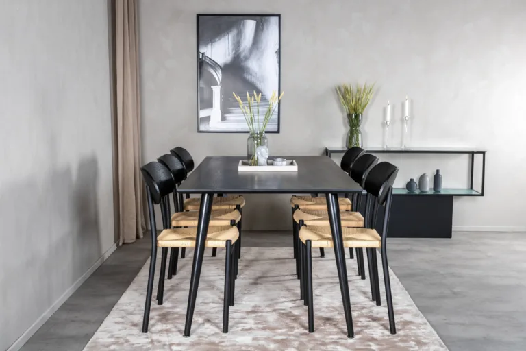 Söögilaud Dipp koos Polly toolidega (must vineer, 180×90 cm, rotangist iste) - GR24030