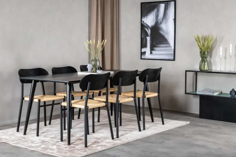 Söögilaud Dipp koos Polly toolidega (must vineer, 180×90 cm, rotangist iste) - GR24030
